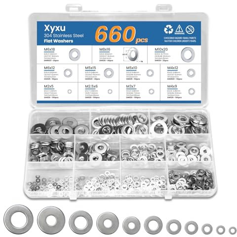 Xyxu 660pcs Stainless Steel Washers for Screws & Bolts - 11 Sizes (M2,M2.5,M3,M4,M5,M6,M8,M10) DIN125/DIN9021 Metal Washers Assorted - Rustproof Silver Metric Flat Washer Set for DIY, Home Repair