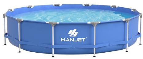 Hanjet Piscine de jardin à cadre en acier - En polyéthylène - Avec cadre en acier - Ronde - Bleu - Diamètre : 366 x 76 cm