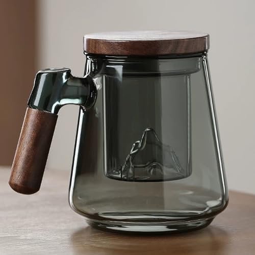 JanYoo 500ml Glass Tea Cup with Infuser and Lid, Infuser Mug with Wood Handle, Steeping Mug Loose Leaf Tea Mugs Large Strainer Cups at Home and Office (blue-Gray)
