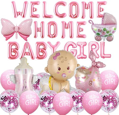 Kit di Addobbi Nascita Bimba Set di Palloncini WELCOME HOME BABY GIRL Palloncini Baby Shower Morbidi Toni Rosa Pastello Festa Benvenuta Nascita Bimba Festa Rivelazione di Genere Willkommen Zuhause
