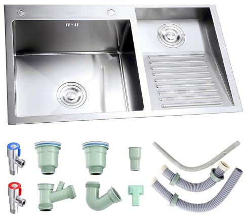 Grand Évier À Linge Avec Plan De Travail, Pour Garages Et Sous-sols, Évier Utilitaire En Acier Inoxydable 304, Évier De Buanderie Robuste À Double Cuve, Bac À Linge(Silver-A,90cm-Right)