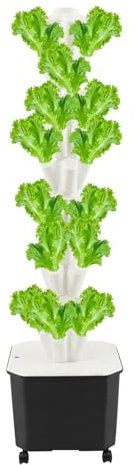 KAPIPALA Torre idroponica a 10 piani con ruote – 50 fori per piante HydroTower per Vertical Farming, con pompa dell'acqua e serbatoio dell'acqua per erbe, insalata, fragole (bianco, 45L)