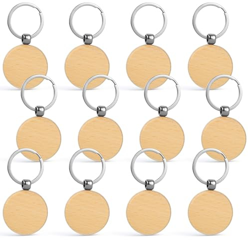FdcLixuvol 12 Stück Schlüsselanhänger Holz, Rund Schlüsselanhänger Rohlingr Holz Zum Gravieren Holzanhänger Beschriftbar Schlüsselanhängers Blanko Für Malerei DIY Kreative Geschenke Deko