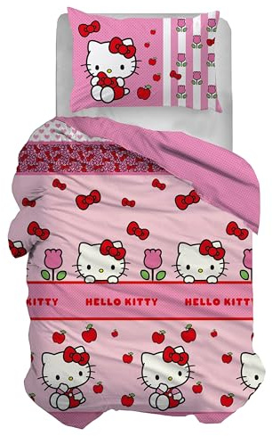 hermet Hello Kitty Single Bed Duvet Cover Set, Duvet Cover + Pillowcase, Duvet Cover Set with Pillowcase, 155 x 200 cm, 100% Cotton, (No Fitted Sheet)