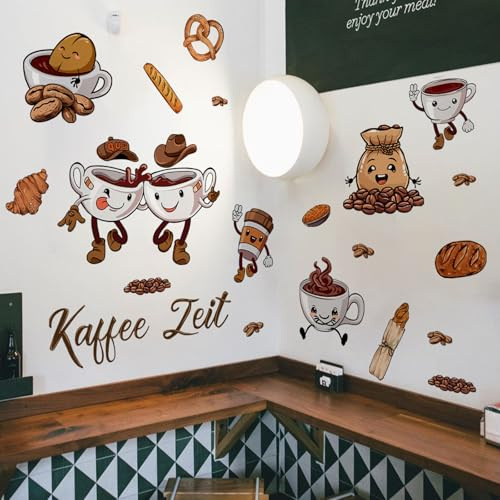 HGDESIGN® Wandtattoo Wandaufkleber Kaffee Kaffeebohne Kaffeetasse Kaffee Zeit Coffeetime Frühstück Brenzel Wandsticker Wanddeko für Küche Esszimmer (A)