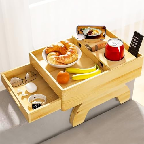 Aloskart Bandeja para Reposabrazos,Bandeja para Brazo de Sofá con Giratorio 180°, Soporte para Teléfono y Portavasos, para Teléfono, para Aperitivos, Bebidas y Mando