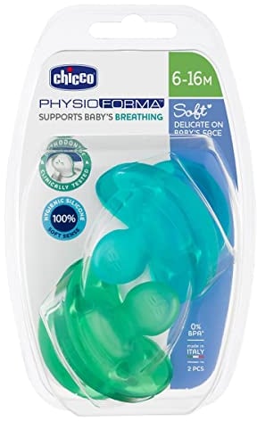 Chicco Silicone Souple Ergonomique Pacifier x 2, Bleu/vert, 6-16 mois