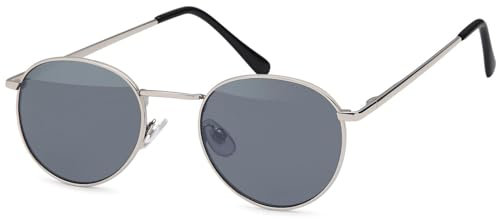 styleBREAKER Unisex Panto Sonnenbrille mit runden Gläsern | Metallrahmen mit Federscharnier & UV400 Schutz | verspiegelte oder getönte Flachgläser, Gestell Silber/Glas Grau getönt