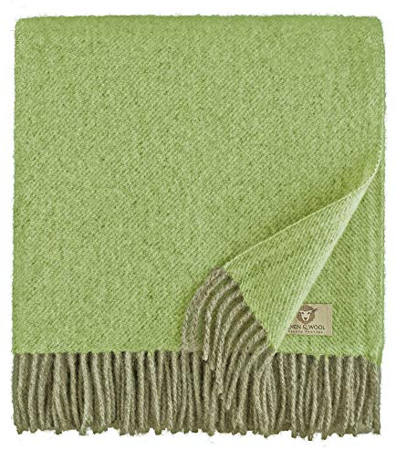 Linen & Cotton Weiche Warme Decke Wolldecke Wohndecke Kuscheldecke Columbus - 100% Reine Neuseeland Wolle, Beige Grün (140 x 200 cm) Tagesdecke Sofadecke Überwurf Blanket Plaid Winter Sofa Schurwolle