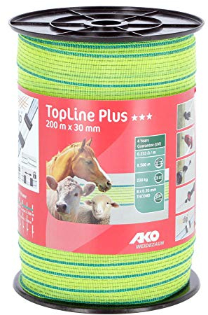 AKO Fencing 449583 Topline Plus Weidezaunband, Neongelb/Blau, 8 Leiter, 200M Länge, 30mm Breite