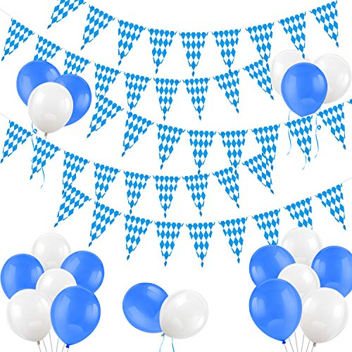 HOWAF Oktoberfest Deko Set, 30 Ft Oktoberfest Wimpelkette Oktoberfest Wimpel Girlande und 30 Oktoberfest Luftballons Blau Weiße für Bayrische deko Wiesn Deko Bayern Deko Oktoberfest Party Dekoration