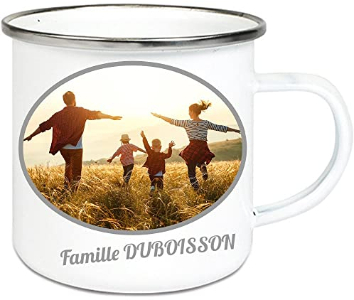 Ocadeau Taza de metal con pintura de esmalte y personalización de fotos - Taza de correo personalizada con borde de plata - Taza vintage personalizada