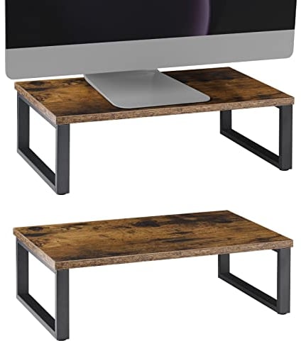 Set of 2 Vintage Wood Monitor Stand Holder, Display Stand for Laptops with Non-Slip Legs, Multi-Purpose Desktop Storage Organizer Shelf for Office Home Study Work, Rustic Brown