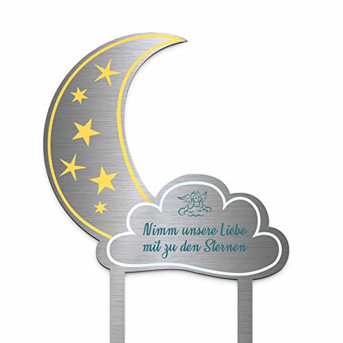Edelstahl Grabstecker Mond - Blumenstecker Metall | Personalisiertes Sternenkind Andenken - Sternenkinder Grabschmuck wetterfest | persönliche Friedhof Grab Kindergrab Deko (Festes Design)