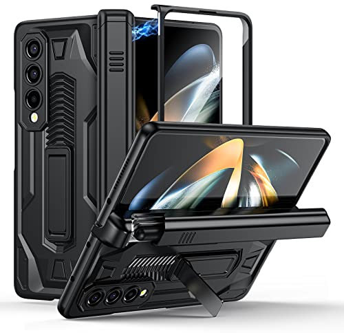 Lanhiem for Samsung Galaxy Z Fold 4 Case Built-in Screen Protector, Full Body Hinge Protection Shockproof Cover with Pull-out S Pen Slot & Kickstand, Black