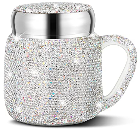 Meanplan Bling Strass Kaffeetasse für Weihnachten Geschenk Bling Wasserflasche Strass Keramik Tragbare Reisebecher Kristall Kaffeetasse mit Deckel und Griff für Frauen Büro Zuhause 382.7 g (Weiß)