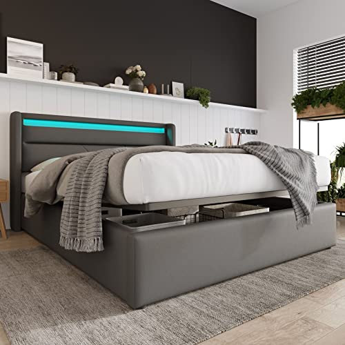 Bett 140X200, Led Bett Bett Grau Pu Hydraulisch Stauraumbett mit Led-Beleuchtungsleiste Funktionsbett (mit Fernbedienung)