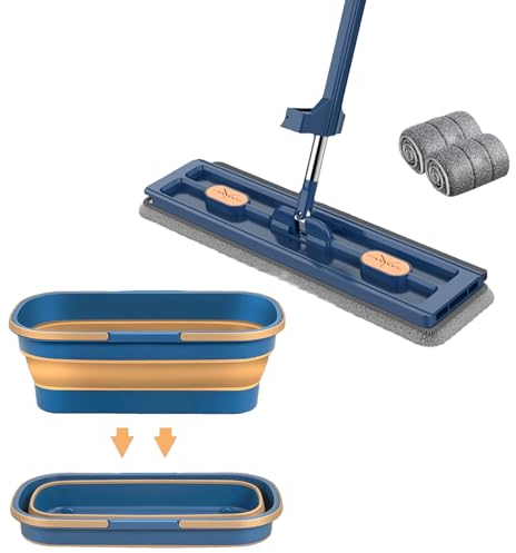 BUNIQ Wischmopp Set Mit Eimer, Großer Flachmop Set Mit Faltbare Eimer Mit Rädern, Nass- Trockenmopp Mit 2 Ersatz-Mopppads, 360° Drehbarer Reinigungsmopp Für Bodenreinigung Hartholz, Fliesen, Laminat