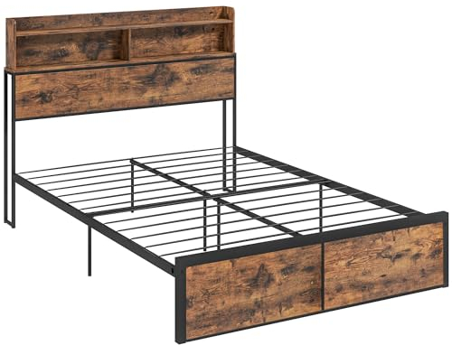 HOMCOM Industrial Double Bed Frame, 4.6FT Steel Bed Base with Storage Headboard, Footboard, Slatted Support and Under Bed Storage, 141 x 207cm, Rustic Brown