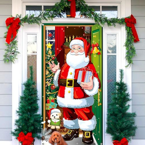 90x200cm Couverture De Porte De Père Noël, Décorations De Fête De Noël, Bannière De Porte De Noël Suspendue Bannière Toile De Fond De Père Noël pour Décoration De Vacances Hiver Porte D'Entrée