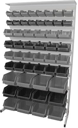 LEOMAR Werkstattregal, Einseitig mit 52 Stapelboxen, Freistehend & Gebrauchsfertig, Regal für Werkstätten & Produktionsfirmen, Lagersystem mit Sichtlagerkästen, 40 x 94 x 156 cm, Schwarz & Aschgrau