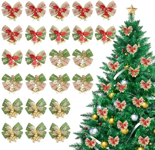 rge Fiocchi di Natale con campanelle, arco di Natale rosso, fiocchi di Natale con cravatte d'oro, decorazioni per albero di Natale, 24 pezzi