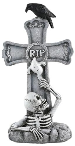 KDAMGOQE Tombstone Halloween Tombes Tombstones en Forme de Croix R.I.P Halloween Gadomstones avec Skeleton & Crow 4.7x10.2 Résine Tombstone Halloween Decor pour fête, cimetière, Jardin, pelouse