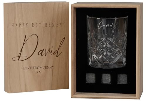 Personalised Whisky Gift Set with Engraved Wooden Box, 3 Whisky Stones, Tumbler Glass, Any Occassion