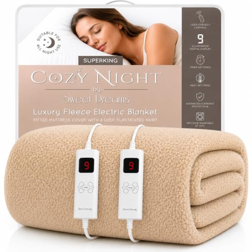 Sweet Dreams Electric Heated Blanket Superking Mattress Cover, Soft Fleece, 9 Heat And 9 Timer Settings Dual Controller Washable Width 180cm x Length 200cm (Super King)