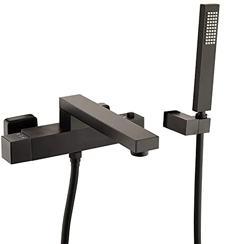 sjdoPulse Robinet De Baignoire Thermostatique avec Pommeau De Douche À Main,Robinet De Baignoire À Long Bec Noir,Robinet De Baignoire Pivotant,Robinet De Remplissage De Baignoire Mur
