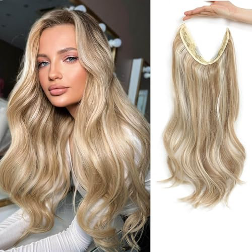 Ms Taj Invisible Secret Wire Extensions 18inch,Sandy Blonde with White Highlights Haarverlängerungen Körper gewellt mit Einstellbarer Größe Clips Synthetische lockige Haarteile für Frauen