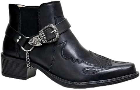 GIJMZY Stivali Cowboy Uomo Stivali da cowboy vintage da uomo, in pelle, alti fino al ginocchio, con fibbia a catena, scarpe punk, stivali da motociclista a punta