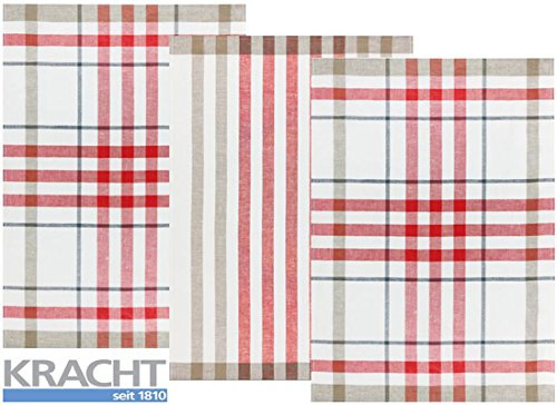 Kracht 3er Pack Halbleinen Geschirrtuch 50x70 2X Karo / 1x Streifen 2-930-10 rot