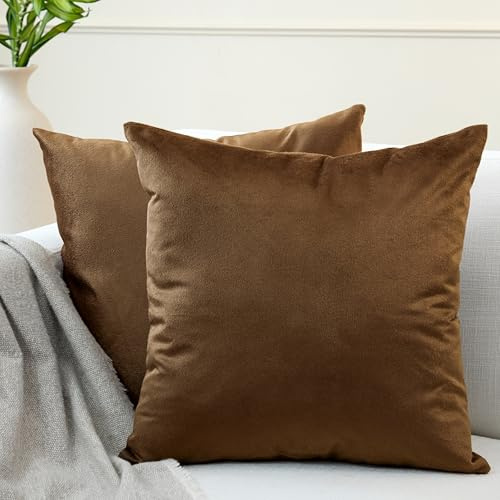 Encasa XO Sammet kuddfodral, inga insatser, paket med 2, brun | 50,8 cm x 50,8 cm | Mjukt och slätt tyg | dolt blixtlås | maskintvättbar | vardagsrum och sovrumsdekor