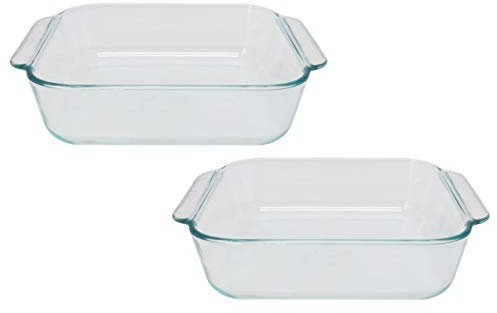 Pyrex 222 Quadratische Backform aus klarem Glas, hergestellt in den USA, 2 Stück