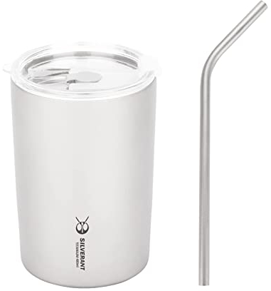 SILVERANT Titan Ultraleicht 400ml/14 fl oz Doppelwandige Kaffeetasse mit Titan Strohhalm & Kordelzug Etui
