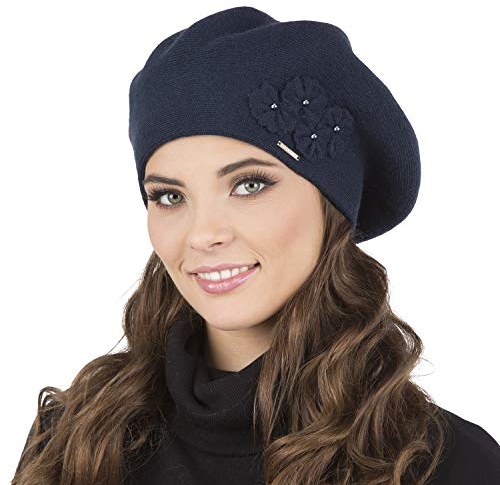 VIVISENCE Baskenmütze Damen Elegant Blume Warm Herbst Winter Accessoire 7006, Dunkelblau,Einheitsgröße
