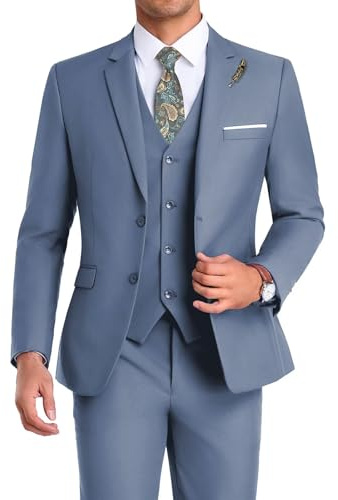 Mrbuerly Men Suit 3 Pieces Slim Fit, Denim Blue Prom Men's Suits Blazer Vest Pants Formal Wedding Groomsmen Jacket-L4236