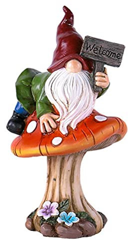 Nain de jardin assis sur des champignons - Statue d'extérieur peinte à la main pour décoration de table ou d'elfe