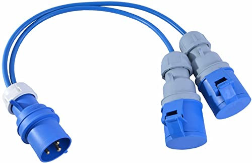 32A Plug to 2 x 16A Sockets. 2.5mm Arctic Blue Power Splitter - 1M
