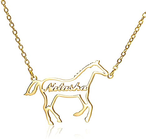 TUNGSTORY Customised Name Necklace Personalised Nameplate Necklace for Men Women Silver/Gold/Rose Gold Stainless Steel Necklace with Horse Pattner Pendant Name Necklace Engraved Necklace