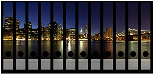 Wallario Ordnerrücken Sticker New York Skyline - Brooklyn Bridge und Manhattan am Abend - Größe 12 Stück, Rückenschilder für 12 schmale Ordner, Klebeetiketten