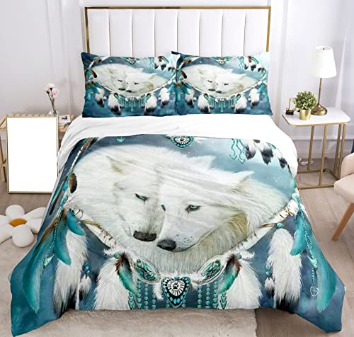 SHUAIG Bettwäsche Set Wolf, 3D Wolf Theme Muster Bettbezug,Traumfänger Drucken 3 Teilig,Microfaser Bettwäsche Super Weiche Atmungsaktive Wolf Bettbezug (Zwei weiße Wölfe, 135 x 200 cm)