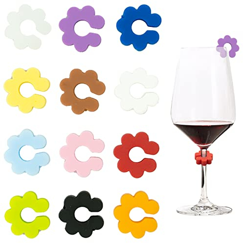LAMXD Drink Marker, Silicone Wine Marker, Wine Glass Charms for Party Champagne Flutes Cocktails Martinis Flower Pattern, Assorted Colors(12PCS)