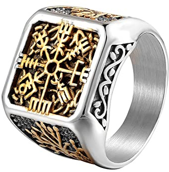 Viking Compass Tree Of Life Ring -Nordic Vintage Stainless Steel Dual Color Vegvisir Ring - Fashion Amulet Pirate Finger Ring Icelandic Men Jewelry Birthday Gift(Gold,12)