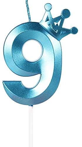 Yiran Geburtstagskerze Zahlen 9, 8cm Blau Geburtstagskerzen mit Krone, Kerze Geburtstag, Geburtstag Kerze, Tortendeko Geburtstag, Kuchendeko Geburtstag, Geburtstagskerzen für Geburtstagsdeko, Nummer 9