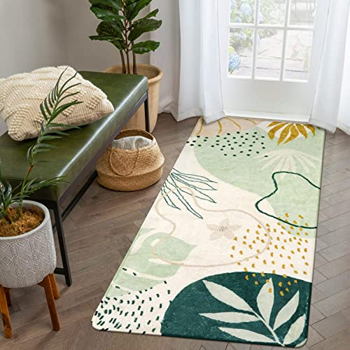 KIMODE Grün Pflanze Läufer Flur Teppich 60 x 120cm, Waschbar Moderner Kurzflor Küchenteppich Weich rutschfest Abstrakte Print Teppiche für Küche Schlafzimmer Badezimmer Kinderzimmer