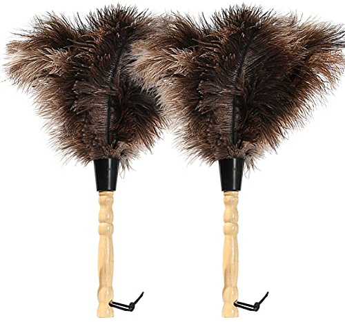 iHUFeather Ostrich Feather Duster 14 inch Feather Duster Fluffy Natural Genuine Ostrich Feathers with Wooden Handle and Eco-Friendly Reusable Handheld Ostrich Feather Duster for Cleaning Supplies