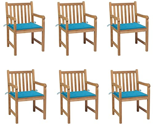 JUNZAI Gartenstühle 6 STK. mit Blauen Kissen, Gartenmöbel, Balkonstühle, Hochlehner, Balkonmöbel, Bistrostuhl, Garten Stühle, Sit Möbel, Armlehnenstuhl, Massivholz Teak