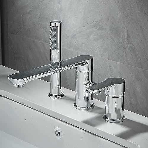 3 Loch Wannenrandarmatur mit ausziehbarem Handbrause Wannenrand Badewannenarmatur Set Chrom (Color : Chrom)